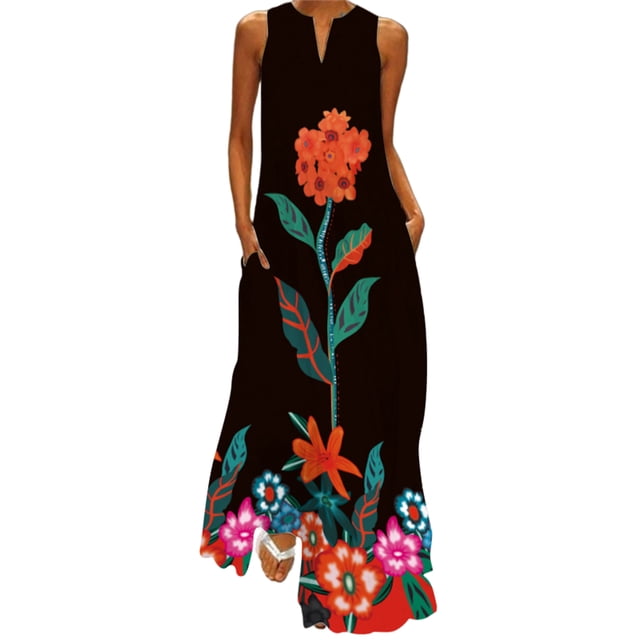 Bellella Robe Longue Maxi pour Femmes, Robe Débardeur à Col en V, Imprimé Floral, Robe d'Été de Plage, Ample, Sans Manches, Style de Fête I m