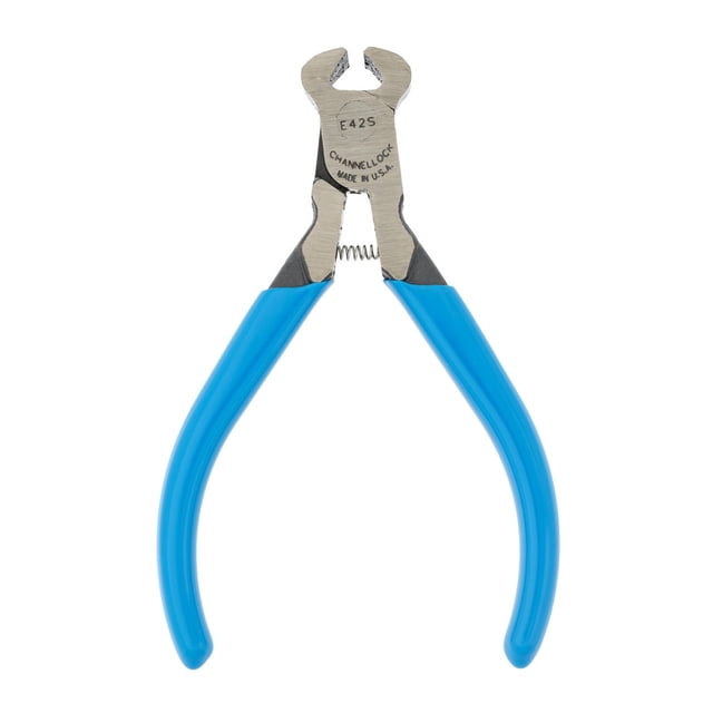 CHANNELLOCK 4" HL End Cutting Plier with blue grips and forged high carbon steel jaws featuring precision-machined cutting edges and spring mechanism, suitable for precision cutting in hand tool and home improvement tasks.
