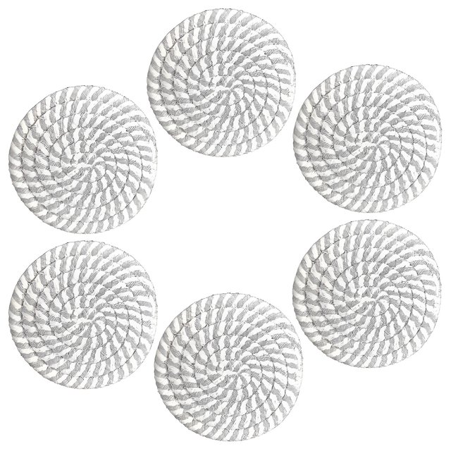 tredstone 6 Pcs Napperons Résistants aux Taches Antidérapants Coussin de Tasse Fait Main Isolation Ronde Tressée Fournitures de Cuisine Rayures Blanc Gris