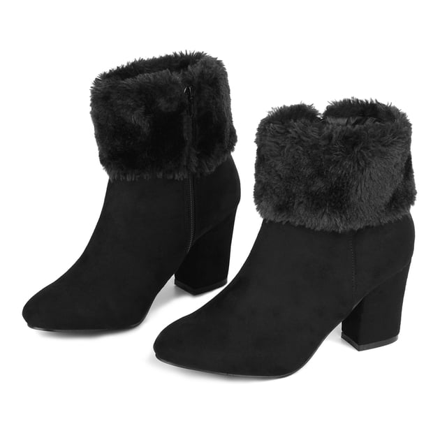 Unique Bargains Bottines à Talon Bloc en Fausse Fourrure à Bout Rond pour Femmes