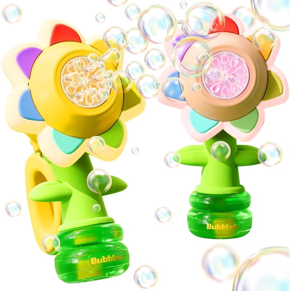 Lot de 2 Pistolets à Bulles à Fleurs Rechargeables pour Enfants avec Lumières DEL et 10 Solutions de Recharge, Machine Amusante pour Faire des Bulles et Danser, Souffleur Blaster Jouets, Jeux d'Été en Plein Air, Pâques, Cadeaux et Souvenirs de Fête d'Anniversaire