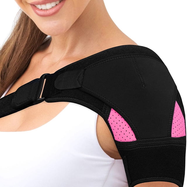 1 Pce Orthèse d'Épaule pour Femme en Néoprène Léger et Respirant avec Conception Doublement Ajustable pour Soutien de l'Articulation de l'Épaule. l'Orthétique Noire Présente des accents Perforés Roses pour la ventilation et le Confort. Elle Est Montrée Portée sur l'Épaule Gauche, Sécurisée avec des Sangles Velcro, et Conçue pour Soulager la Douleur, Prévenir les Blessures et Soutenir les Activités Sportives comme le basketball, le tennis et les Entraînements au gym. Convient aux Hommes et aux Femmes avec une Circonférence de Poitrine Ajustable de 79 cm à 139 cm