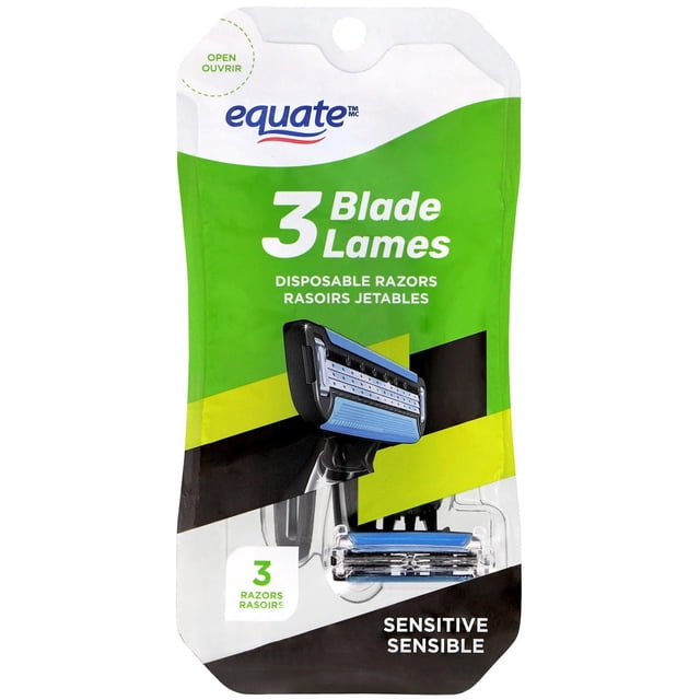 Equate Men’s 3 Blade Disposable Razors pack with three razors featuring ergonomic black handles with blue rubber grips and triple blades with lubrication strips, designed for sensitive skin and easy rinsing, in green and black packaging.