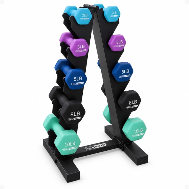 HolaHatha 2, 3, 5, 8, & 10 lb Neoprene Dumbbell Free Weight Set w/ Rack, Pastel