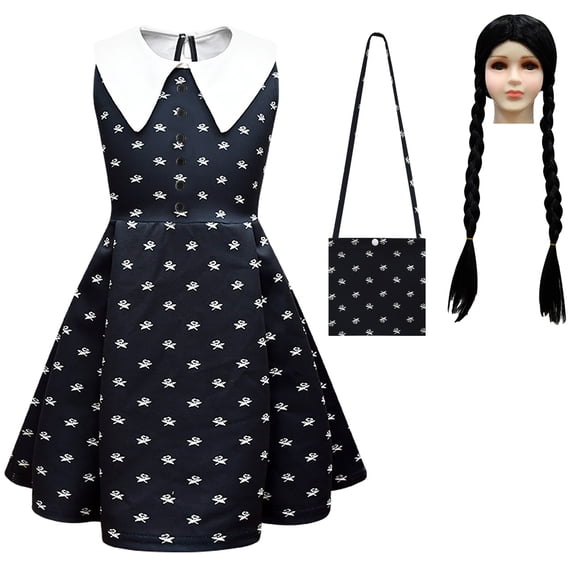 HAWEE Girls Wednesday Addams Costume Dress Kids Family Halloween Costumes Sleeveless Cosplay Party Costume with Wig, Bag