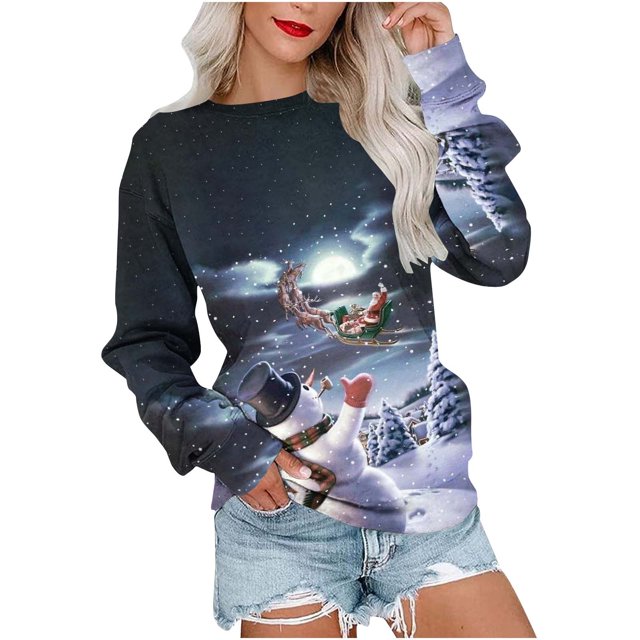 Chandails à Capuchon de Noël pour Femmes, Hauts Décontractés Mode, Manches Longues, Imprimé de Noël, Col Rond, Couverture, Chandail à Enfiler, Chandails à Col Rond pour Femmes en Liquidation