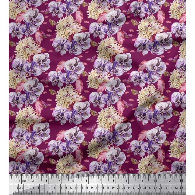 Soimoi Silk Fabric Insect,Pansy & Yellow Flower Floral Printed Fabric 1 Yard 42 Inch Wide