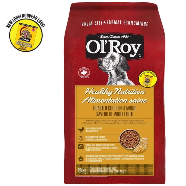 Ol' Roy Healthy Nutrition Roasted Chicken Flavour Dry Dog Food 20kg bag in red with a white and black spotted dog image, featuring real chicken, no artificial flavours, omega-6 for shiny skin and coat, antioxidants for immune support, and a bowl of kibble with roasted chicken pieces, suitable for adult dogs requiring balanced nutrition.