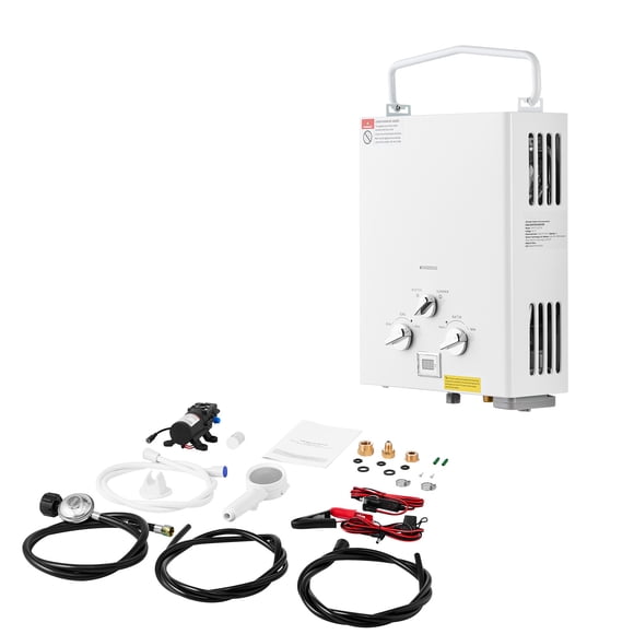 KFFKFF Portable Propane Water Heater, 5L Tankless Outdoor Water Heater, 34000 BTU 1.32 GPM Instant Hot Water, with Accessory Set + Regulator +Water Pump