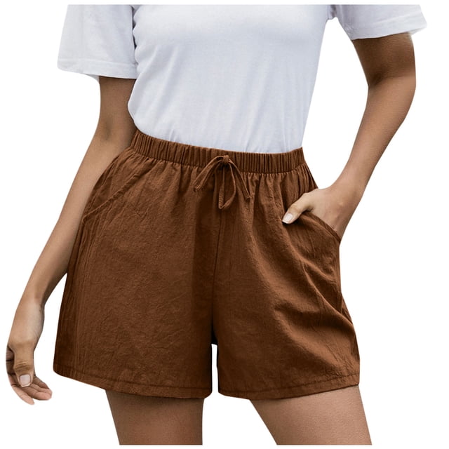 Timegard Cotton Linen Shorts for Women Elastic Waisted Drawstring Wide Leg Lounge Shorts with Pocket