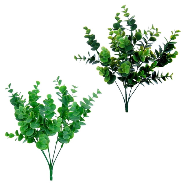 Danson Decor, Eucalyptus Bush Spray, Green, showing two 13-inch artificial eucalyptus bush sprays with realistic green plastic leaves in assorted shades, ideal for indoor and outdoor home décor and often used to add natural greenery to craft projects.