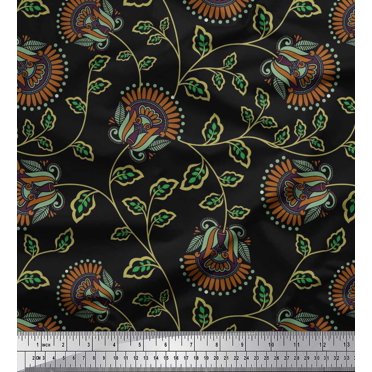 Soimoi Satin Silk Fabric Leaves & Floral Artistic Fabric Prints by Yard 42 Inch Wide