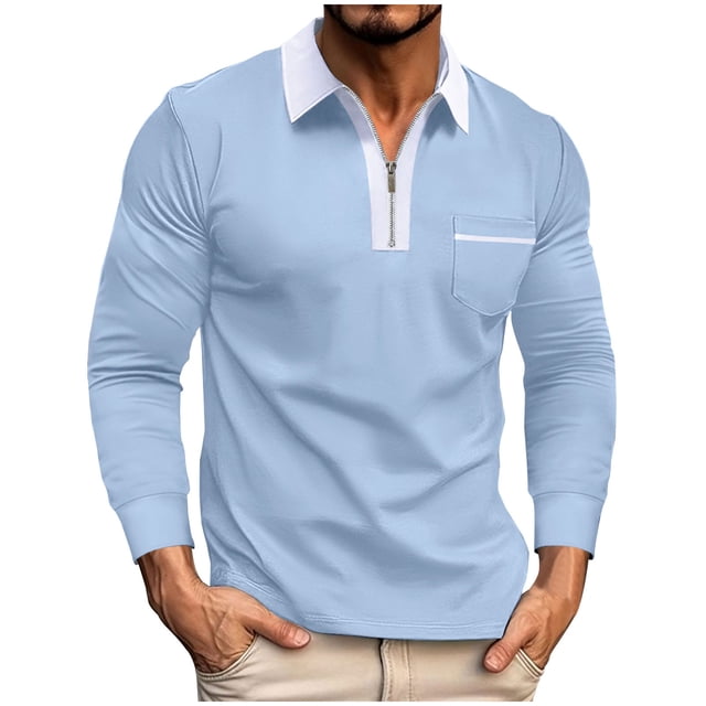 cfhntfmh Men's Shirts Casual Long Sleeve Collared Golf T Shirt Slim 1/4 Zipped Color Block Basic Tops with Pockets