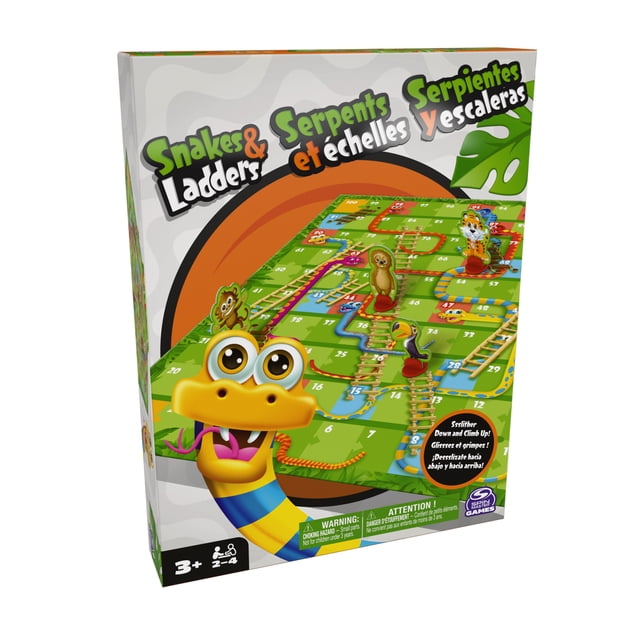 Spin Master Games, Snakes & Ladders game box showing a colorful board with numbered squares, ladders, and snakes. The box features a large cartoon snake with big eyes and a blue-yellow striped body, plus animal game pieces including monkey, owl, toucan, and tiger. Suitable for 2-4 players ages 3 and up, ideal for family game night and classic board game fun.
