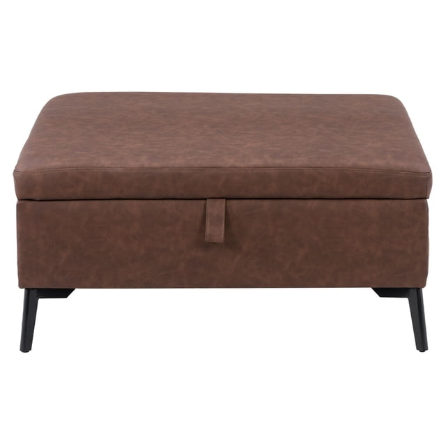 CorLiving Linden Brown Upholstered Square Storage Ottoman with Metal Legs, front view showing dark brown weathered soft-touch fabric upholstery, padded top, and black metal legs, featuring a gas lift top with pull tab for easy access to ample storage, suitable for extra seating, footrest, or living room storage.