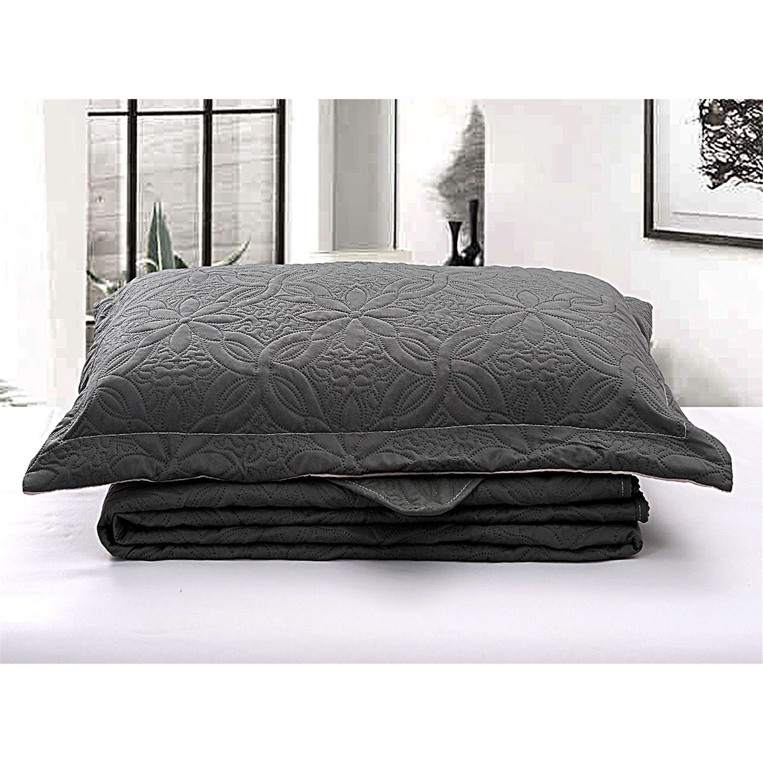 JML 3 Pieces Queen Quilt Set, Soft Lightweight Microfiber Bedspread,1 Quilt 2 Shams, Grey