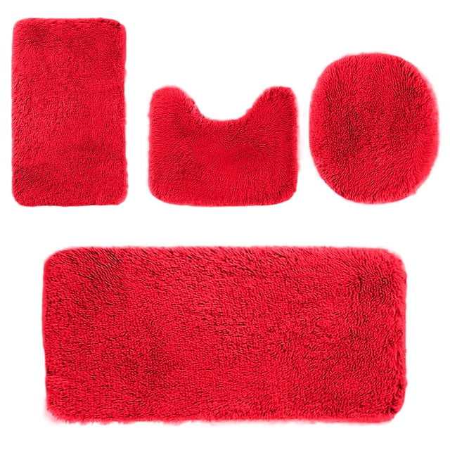yulier 4 Piece Bathroom Rug Set, Ultra Soft Plush Shaggy Bath Mat Set, Non-Slip Absorbent Toilet Bath Carpet Mat U Shaped Toilet Rug Oval Toilet Lid Cover, Machine Washable (Red)