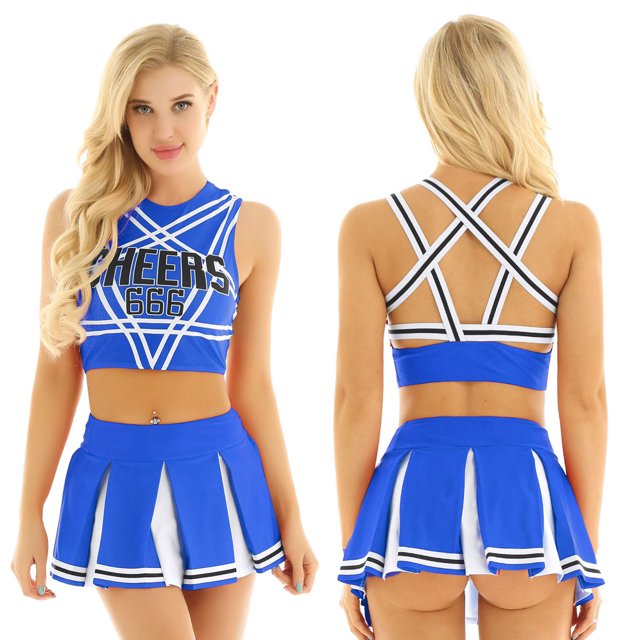 Aislor Ensemble Court de Pom-Pom Girl pour Femmes avec Mini Jupe Plissée Ensemble d'Uniforme de Cheerleading Bleu m