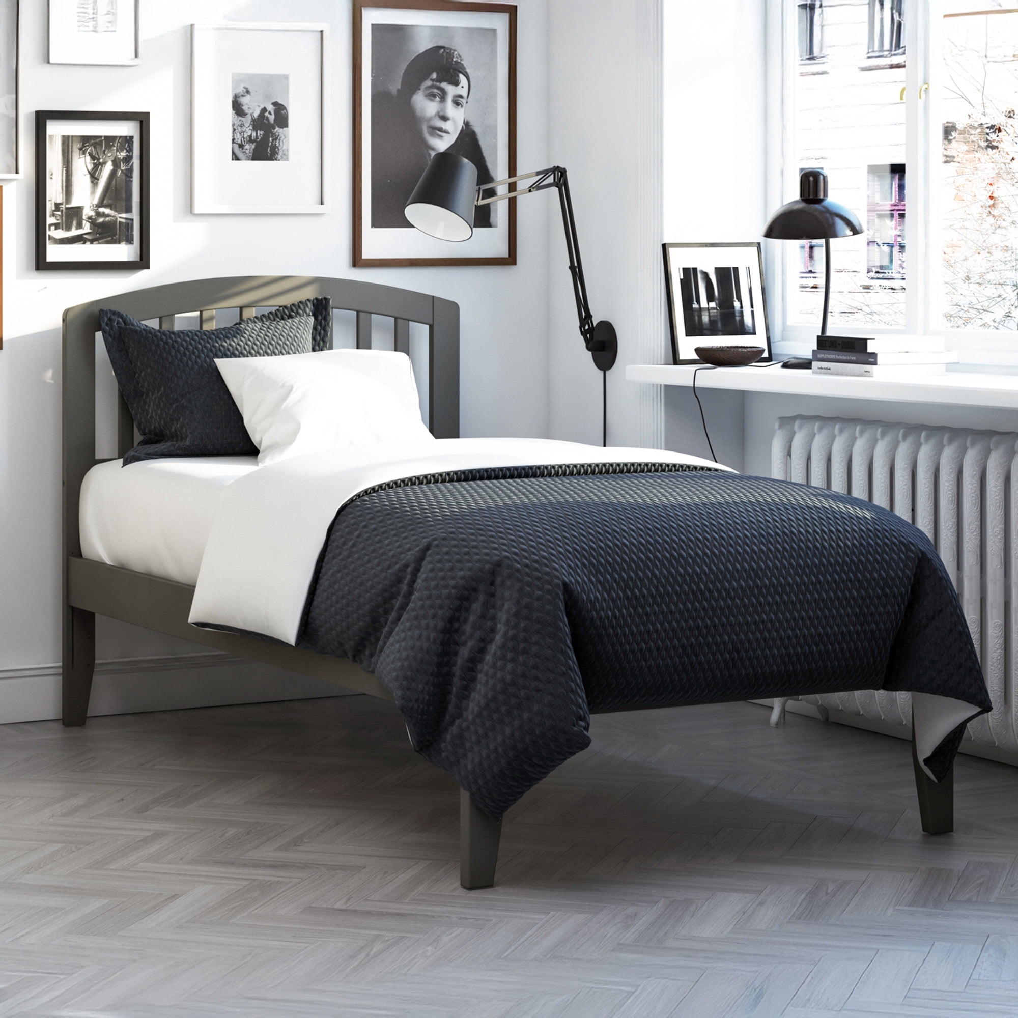 AFI Richmond Lit Plateforme en Bois Massif Simple TG avec Chargeur USB Gris