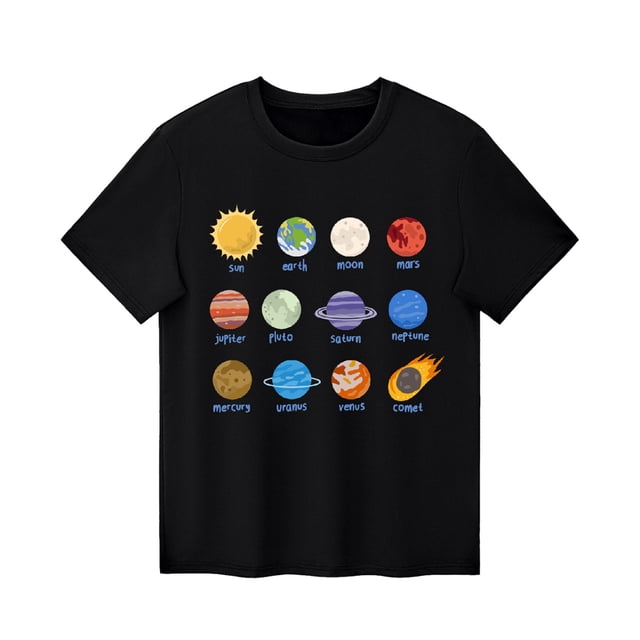 GDREDA T-Shirt à Paillettes Réversibles pour Garçons, Tout-Petits et Enfants, Été, Imprimé Planète, Garçons Filles, Décontracté, Col Rond, Manches Courtes, T-Shirt, Hauts, Noir, 10-11 Ans