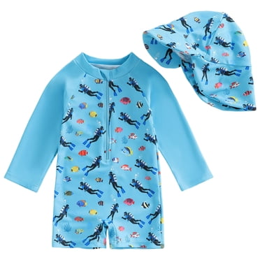 Splozh Toddler Boy One Piece Swimsuit Toddler Baby Boy Rash Guard Swimsuit Zipper Swimwear Bathing Suit Beachwear with Sun Hat Blue,18-24 Months