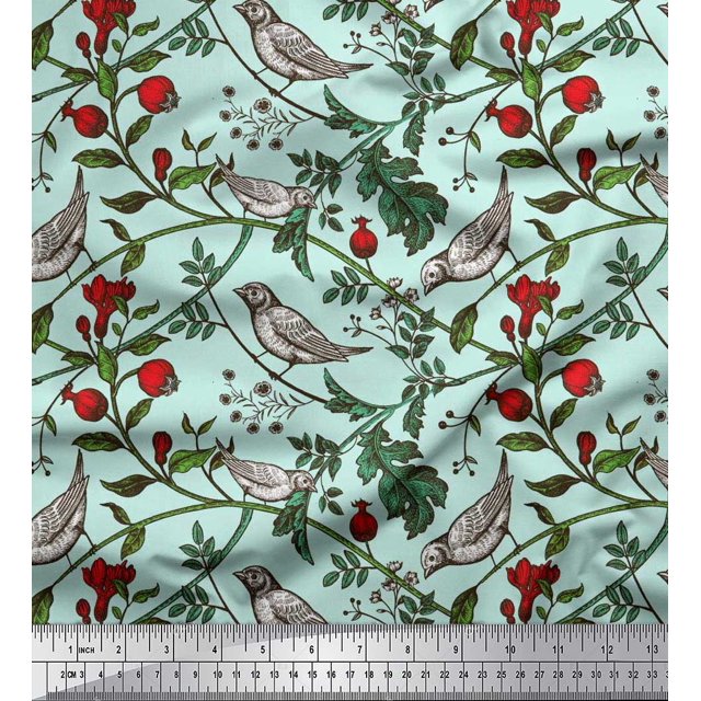 Soimoi Rayon Crepe Fabric Bird & Leaf Bird Print Fabric by the Yard 46 Inch Wide