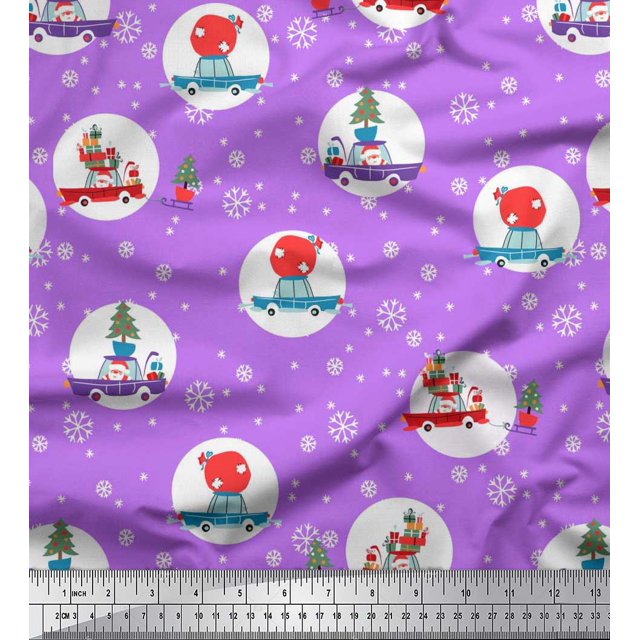 Soimoi Rayon Fabric Gift Box,Car & Santa Christmas Decor Fabric Printed Yard 56 Inch Wide