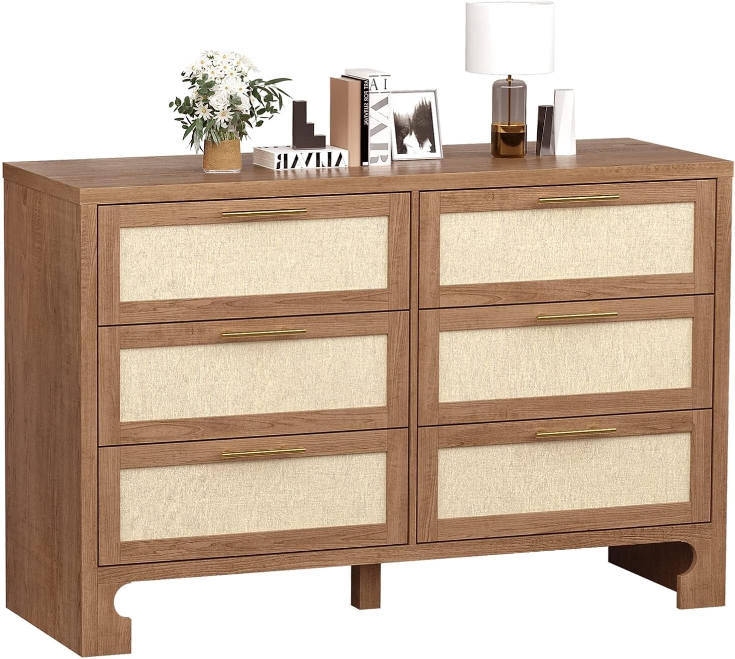 6 Drawers for Bedroom, 47.2 Inch Chest of Dressers, Farmhouse Burlap Wide Closet Dressers Chest of Drawers, Modern Clothes Storage Tower for Bedroom Entryway Living Room