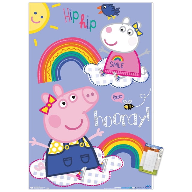 Peppa Pig - Hooray Wall Poster, 22.375" x 34" featuring Peppa Pig and a white character with yellow bows sitting on white checkered clouds with colorful rainbows, a smiling sun, a blue bird, and a buzzing bee on a light blue background, with playful text 'Hip hip hooray!', suitable for kids' room or party decoration.