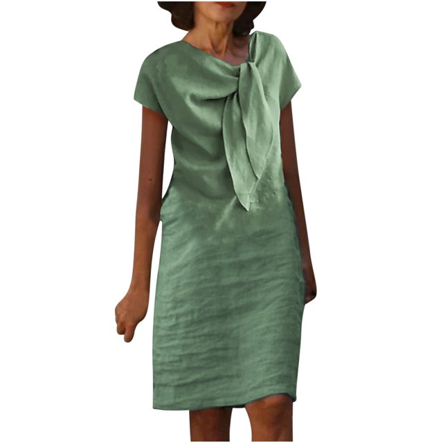 Robes pour Femmes 2024 Été Oversize Col Rond à Nouer Manches Courtes Couleur Coton Coton Lin Robe Longueur Genou Robe à Manches Courtes et Col Ras du Cou Rabais de 50 % Liquidation!