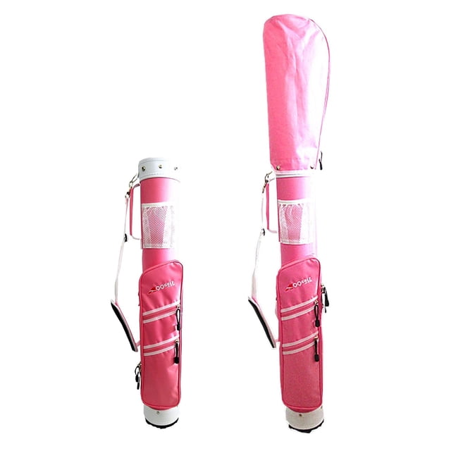 A99 Golf Carry Golf Bag in pink, designed for practice and mini courses. Made from waterproof 600D nylon with PVC backing, it features a 5-inch top, 50-inch height, and a 33-inch solid cylinder tube body. Holds 4-6 golf clubs with a 2-way divider, 3 zippered accessory pockets, a mesh pocket, and a removable padded shoulder strap. Includes a detachable top stored in the side pocket and a full-length zipper panel for easy club access. Lightweight and compact, suitable for training or travel.