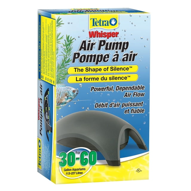 Tetra Whisper Air Pump 30-60 Gal Aquariums box showing a dome-shaped, matte charcoal gray air pump with rubber feet and sound dampening chambers for quiet, efficient airflow in 30 to 60 gallon fish tanks, featuring bilingual English and French text highlighting powerful, dependable air flow and the shape of silence.