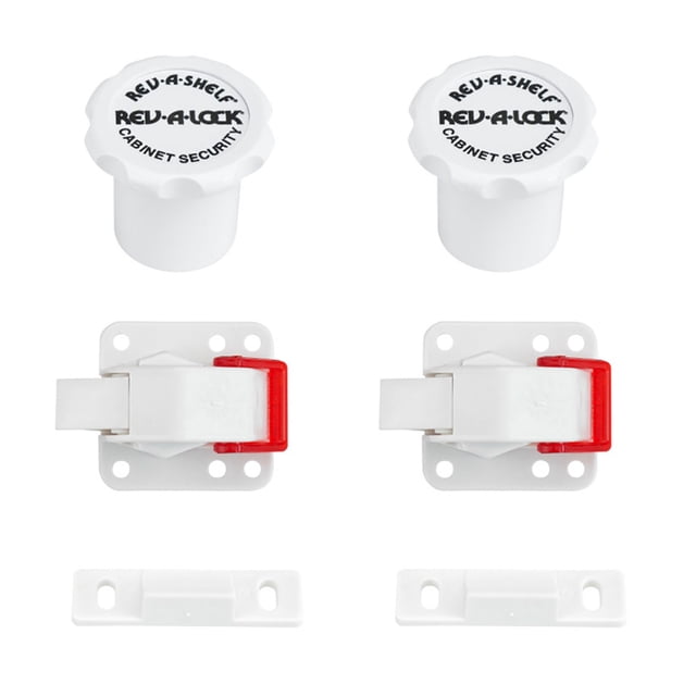 Rev-A-Shelf RAL-101-1 Rev-A-Lock Magnetic Cabinet Security System (2 Pack) featuring a set of two white magnetic locks designed for baby proofing and home security. These locks are compatible with wood, glass, metal, and particleboard surfaces, and include five locks and two keys. The universal design works for cabinets, drawers, and other home security systems, ensuring safety and preventing access to valuables or hazardous items. Dimensions are 1.38 inches wide, 2.25 inches deep, and 1.38 inches high.