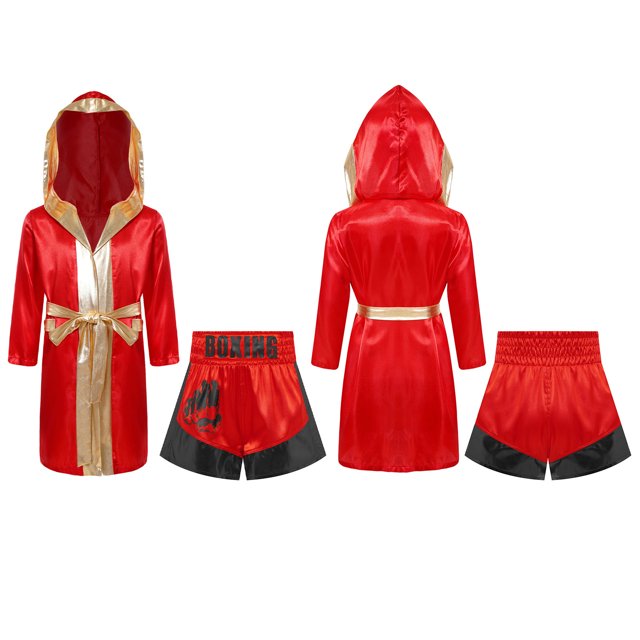 Fldy Ensemble d'Uniforme de Boxe pour Garçons 2 Pcs Peignoir de Boxe et Shorts MMA Costume de Boxeur Tenue d'Halloween Rouge Noir 10