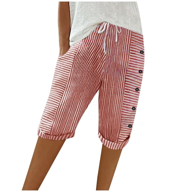 Womens Summer Woven Striped Patchwork Button Loose Cotton Linen Casual Capris