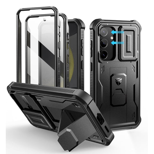 Dexnor for Samsung Galaxy S24 case in black, featuring a built-in slide camera cover, screen protector, and kickstand. This heavy-duty, shockproof, full-body bumper case offers military-grade drop protection up to 10ft, precise cutouts for ports and buttons, and compatibility with wireless charging and PowerShare. The case includes a responsive PET screen protector and a versatile kickstand that doubles as a ring holder for secure grip or hands-free viewing. Designed for outdoor adventures, it provides rugged durability while remaining lightweight and portable.