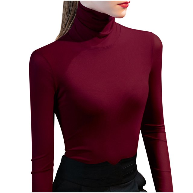 Besolor Womens Turtleneck Long Sleeve Tops Slim Fitted Basic Shirts Plus Size Solid Color Going out Tees Tights