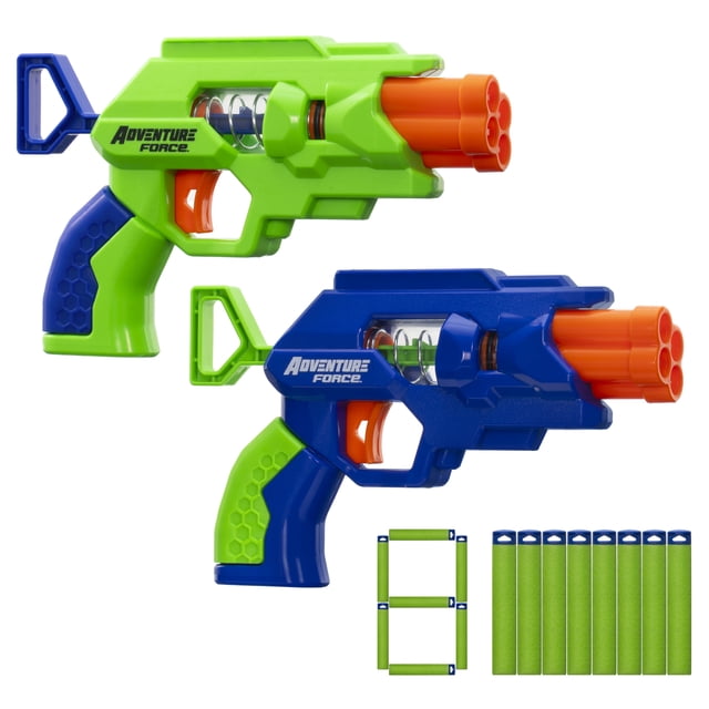 Adventure Force QuadStrike Set with two spring-powered auto-indexing foam blasters in green and blue featuring orange four-chamber barrels and transparent windows revealing internal springs, plus eight green Accu-Blast darts with blue tips, ideal for outdoor play and compatible with Nerf and XShot blasters.