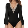 thumbnail image 2 of FAIWAD Women's Puffy Long Sleeve Short Jumpsuit Deep V Neck Lace Splicing Slim Stretch Rompers, 2 of 4