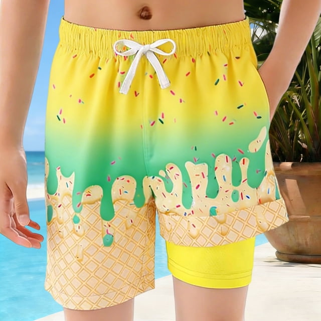 Kids Kids Swim Trunks With Ice Print Elastic Waist Drawstring Quick Dry Boys Shorts 7-8 Years