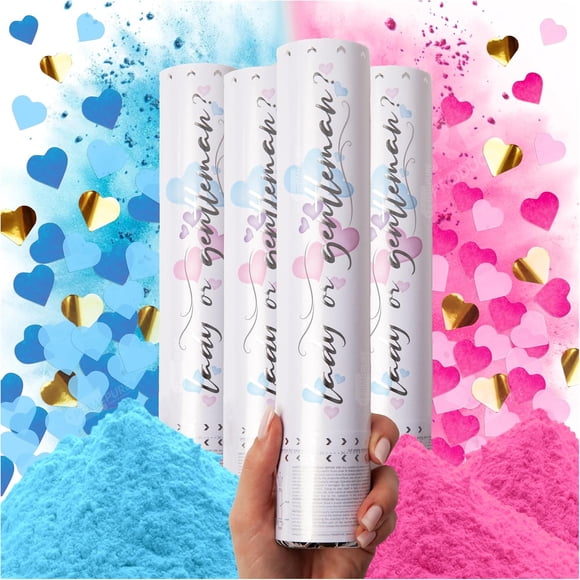 Gender Reveal Confetti Cannon - 4 Pack - Blue and Pink Biodegradable Gender Reveal Smoke Bombs and Heart Shaped Confetti Poppers | Gender Reveal Powder Cannon | Powder Blaster Gender Reveal Machine