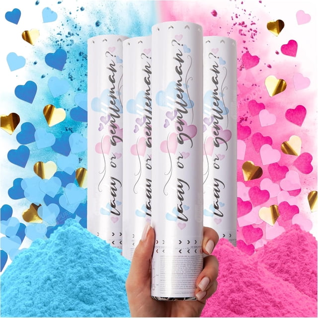 Gender Reveal Confetti Cannon - 4 Pack with blue and pink biodegradable powder and heart-shaped confetti poppers. The image displays four white cannons labeled 'Lady or Gentleman?' surrounded by vibrant blue and pink powder clouds and colorful heart confetti, including gold accents. Ideal for gender reveal parties, these cannons are safe, easy to use, and suitable for indoor or outdoor celebrations.