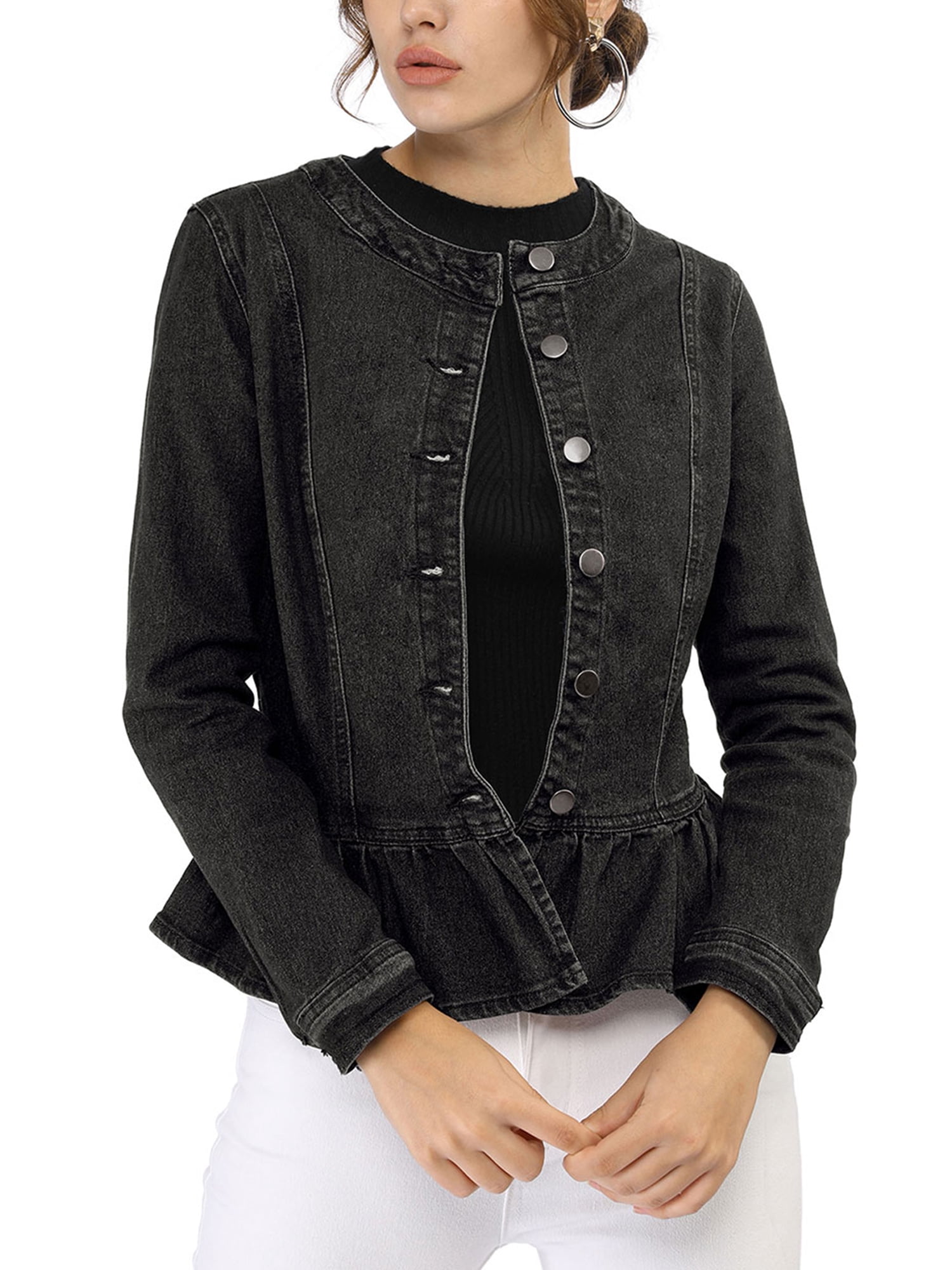 INSPIRE CHIC Women's Round Neck Button Down Ruffled Hem Cropped Washed Denim Jacket Black M