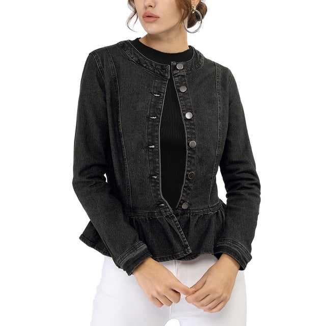 INSPIRE CHIC Women's Round Neck Button Down Ruffled Hem Cropped Washed Denim Jacket Black S