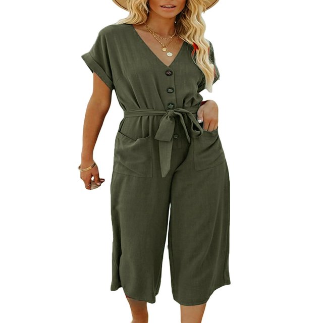Combinaisons à Jambe Large pour Femmes Boutons devant et Col Roulé Été Ample avec Poches Ceinture