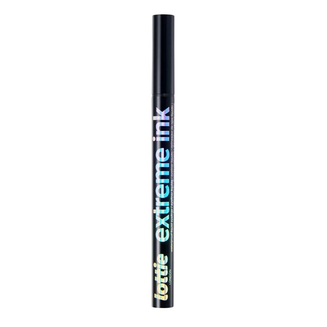 Lottie London - Extreme Ink - Liquid Eyeliner - Black (1.8ml) is a slim black tube with holographic vertical text, featuring a precision felt-tip applicator for sharp, smudge-free cat-eye looks with intense black pigment.