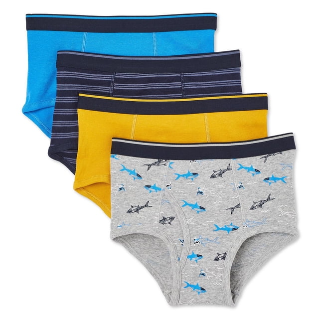 George Caleçons Courts pour Garçons, Lot de 4, Incluant Caleçons Courts Imprimés Requin Bleu Uni, Rayé Marine, Jaune Moutarde et Gris, Faits de 100 % Coton avec Ceintures Élastiquées et Trous pour un Port Quotidien Confortable et Serré sous Divers Vêtements.