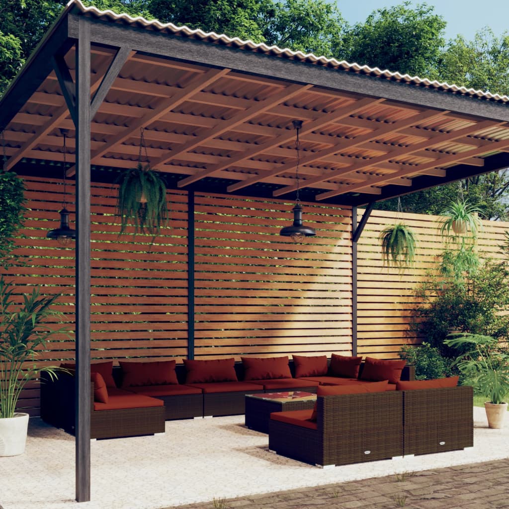 vidaXL 10 Piece Garden Lounge Set with Cushions Brown Poly Rattan