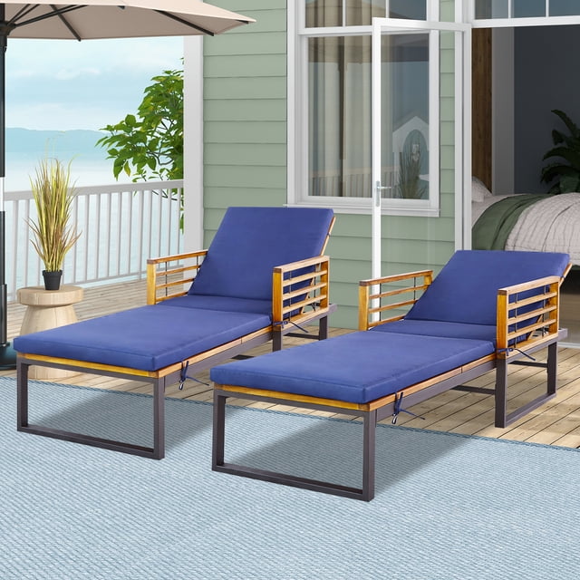 Costway 2PCS Patio Cushioned Chaise Lounge Chair Adjustable Reclining Lounger Navy