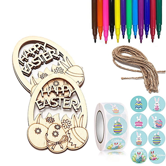 1 Set Easter Egg Pendant Creative Shape Exquisite Pattern Smooth Edge Burr Free Easy to Hang Wooden Egg Hanging Pendant Decal DIY Craft Kit Home Supplies